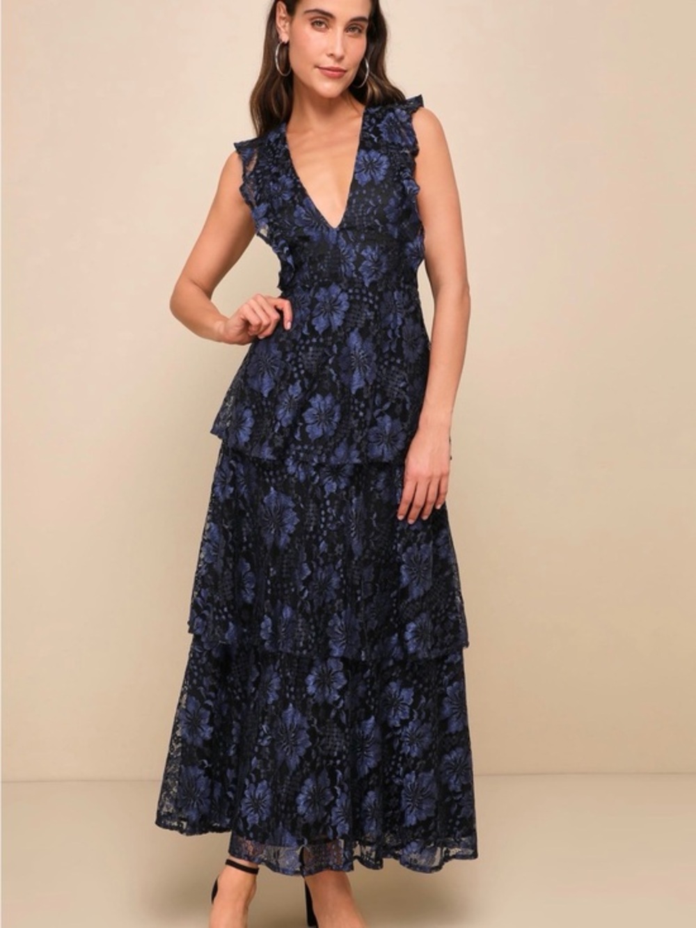 Lulu's Molinetto Navy Blue Lace Ruffled Tiered Sleeveless Maxi Dress Size Large